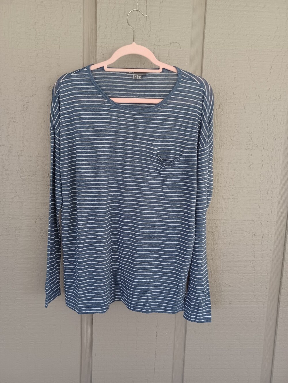 Vince Linen Striped Top Size S Women Coastal Preppy Long Sleeve Pullover Pocket